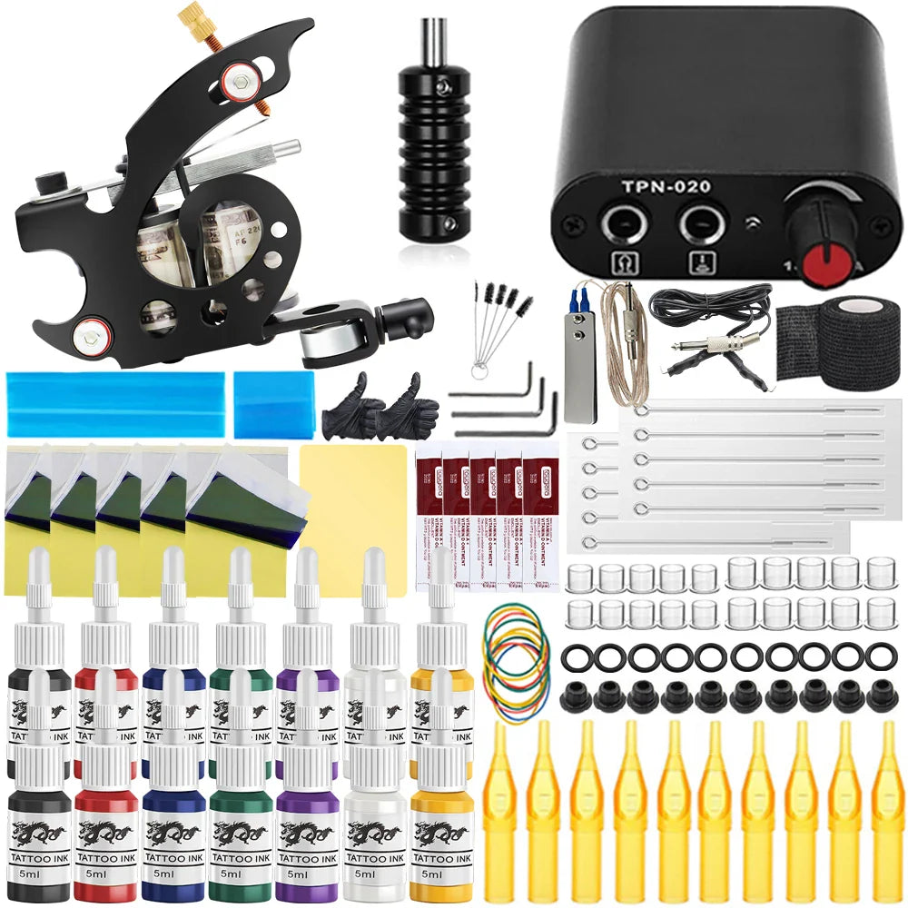 Professional Coil Tattoo Machine Kits 10 Wraps Coil Tattoo Gun Set with Power Supply Grip inks Tattoo Kit for Beginner