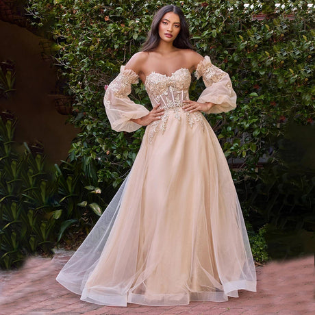 Off the Shoulder Long Blouson Sleeves Glitter Tulle Wedding Dress Strapless Sweetheart Lace Embellished Sheer Bodice Bridal Gown