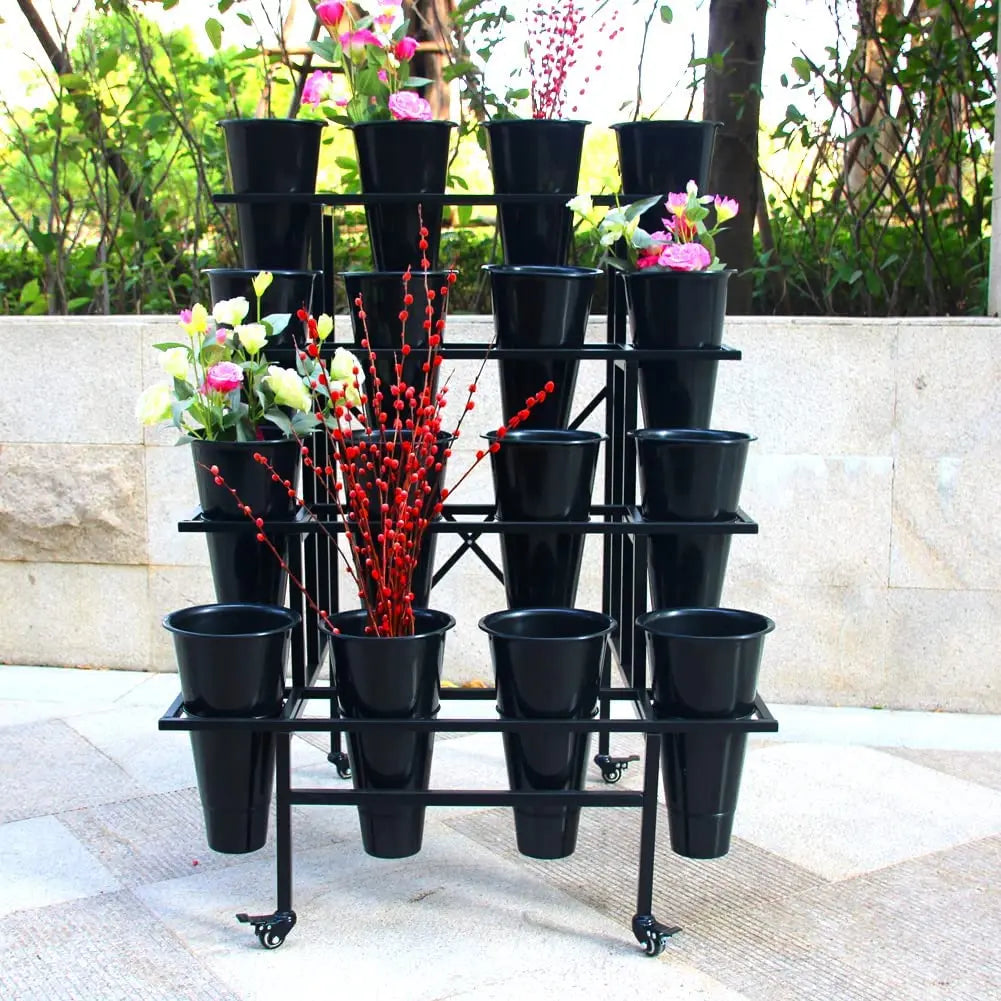 Flower Display Stand with 16pcs Plastic Buckets for Fresh Flowers Heavy Duty Garden Cart Moving Flower Bucket Stand with Wheels.