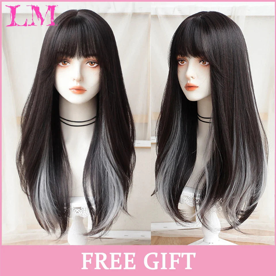 LM Cosplay Wig With Bangs Synthetic Straight Hair 24 Inch Long Heat-Resistant Pink Wig For Women