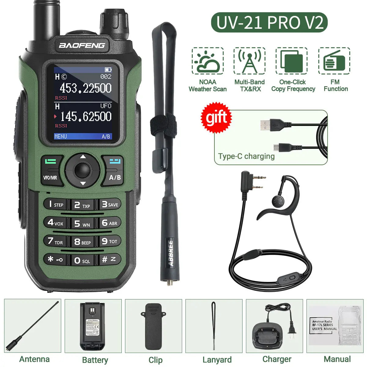 Baofeng UV-21 PRO V2 Walkie Talkie Wireless Copy Frequency 16 KM Long Range TYPE-C Two Way Radio Ham CB Radio UV-5R UV-17