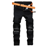 Men Jeans Knee Hole Design Denim Pants Black Zipper Patchwork Straight Plus Size Thin Fashion Male Dropship