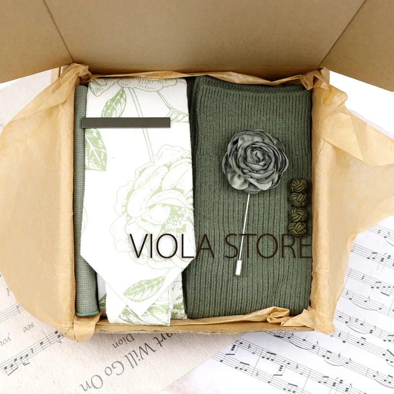 Viola Design 6PCS Gift Box Floral Solid Cotton Sock Tie Sets Clip Pin Cufflinks Hankie Men Wedding Party Daily Cravat Accessory