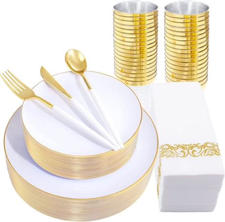 350PCS Gold Disposable Dinnerware Set for 50 Guests, 150 Gold Plastic Silverware, 50Cups, Napkins