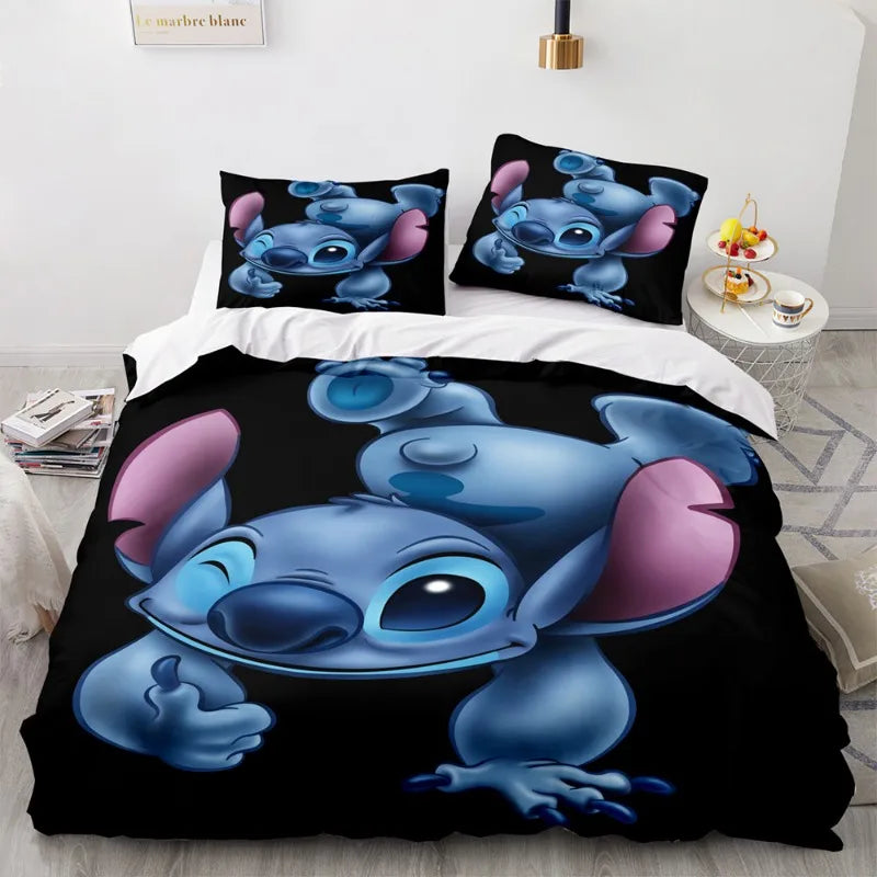 Disney Stitch Cartoon 3D Printed Bed Sheets Three-piece Children's Home Textile Set Quilt Cover Pillowcase