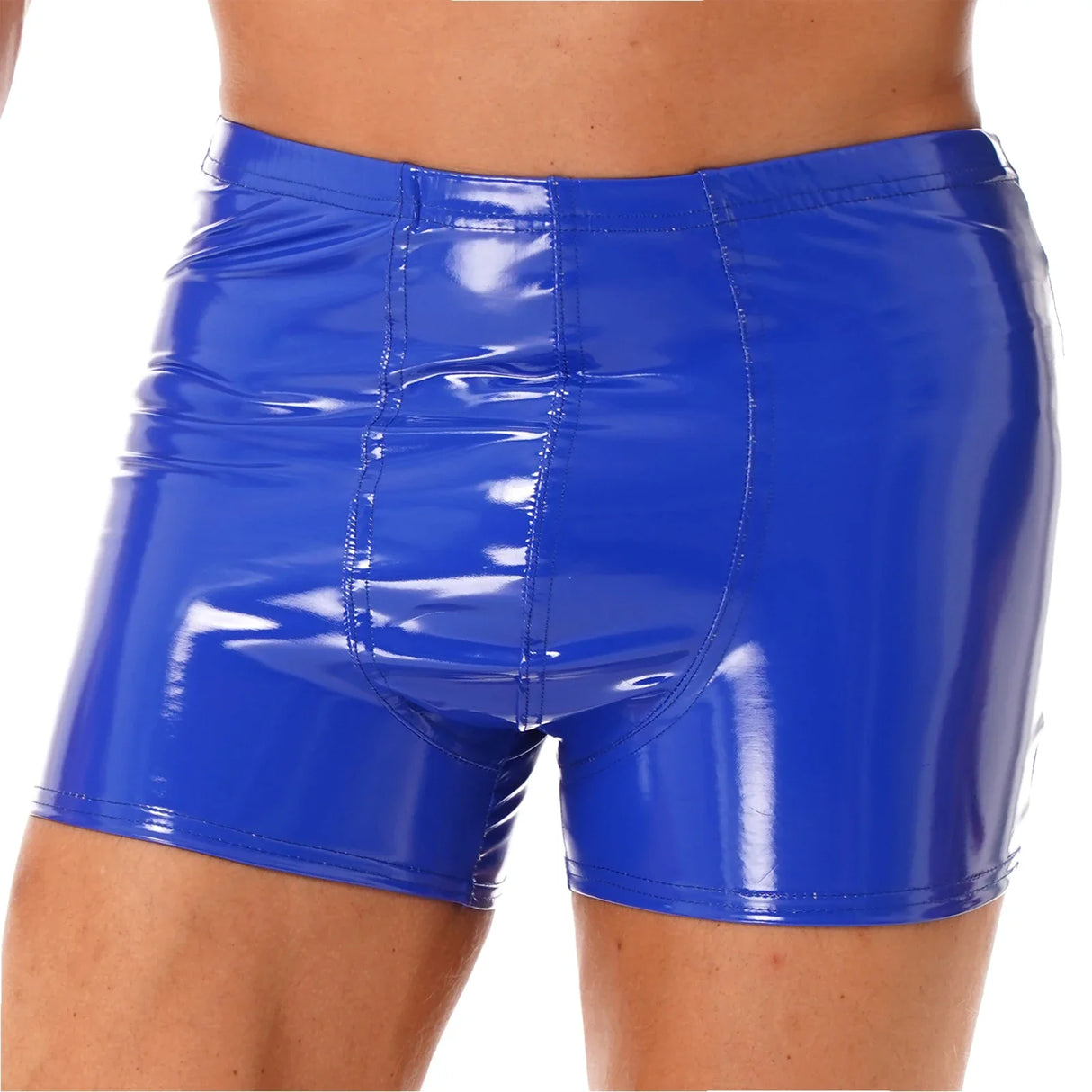 Mens Patent Leather Shorts Dance Performance Clubwear Wet Look Pants Elastic Waistband ShortsBulge Pouch Boxer Briefs Shorts