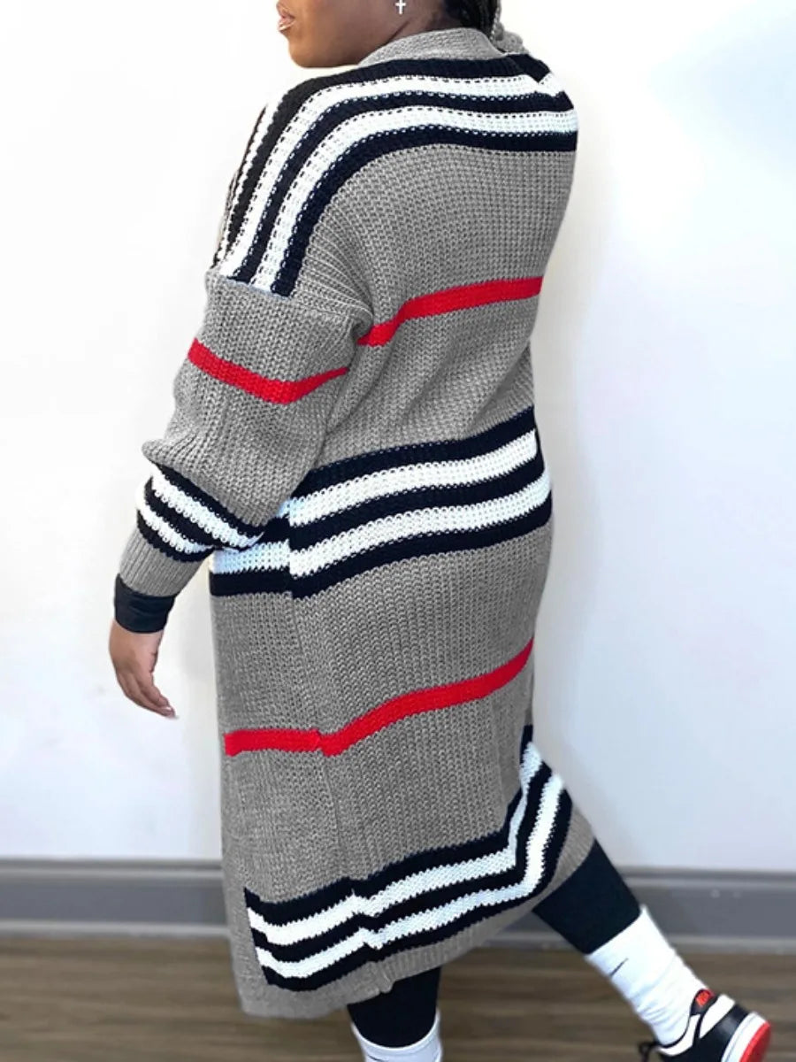 LW Plus Size coat Dropped Shoulder Striped Loose Cardigan 2023 NEW Women Sweaters Autumn/Winter long Knitted Cardigan Tops Coat