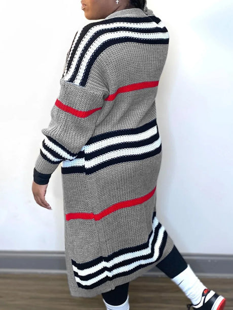 LW Plus Size coat Dropped Shoulder Striped Loose Cardigan 2023 NEW Women Sweaters Autumn/Winter long Knitted Cardigan Tops Coat