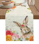 Easter Bunny Spring Flowers Linen Table Runner Washable Dresser Scarves Table Decor Festival Wedding Kitchen Decor Table Runner