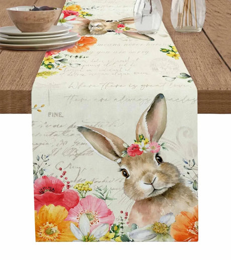 Easter Bunny Spring Flowers Linen Table Runner Washable Dresser Scarves Table Decor Festival Wedding Kitchen Decor Table Runner