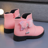 Children's Shoes Girl Mid Length Warm Leather Boots Baby Bow Cute Cotton Shoes Plush Winter New Student Two Cotton Boots Botines