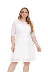 Plus Size Contrast Lace Semi Sheer 3/4 Sleeve Midi Dress, Women's Plus Slight Stretch Elegant Midi Dress