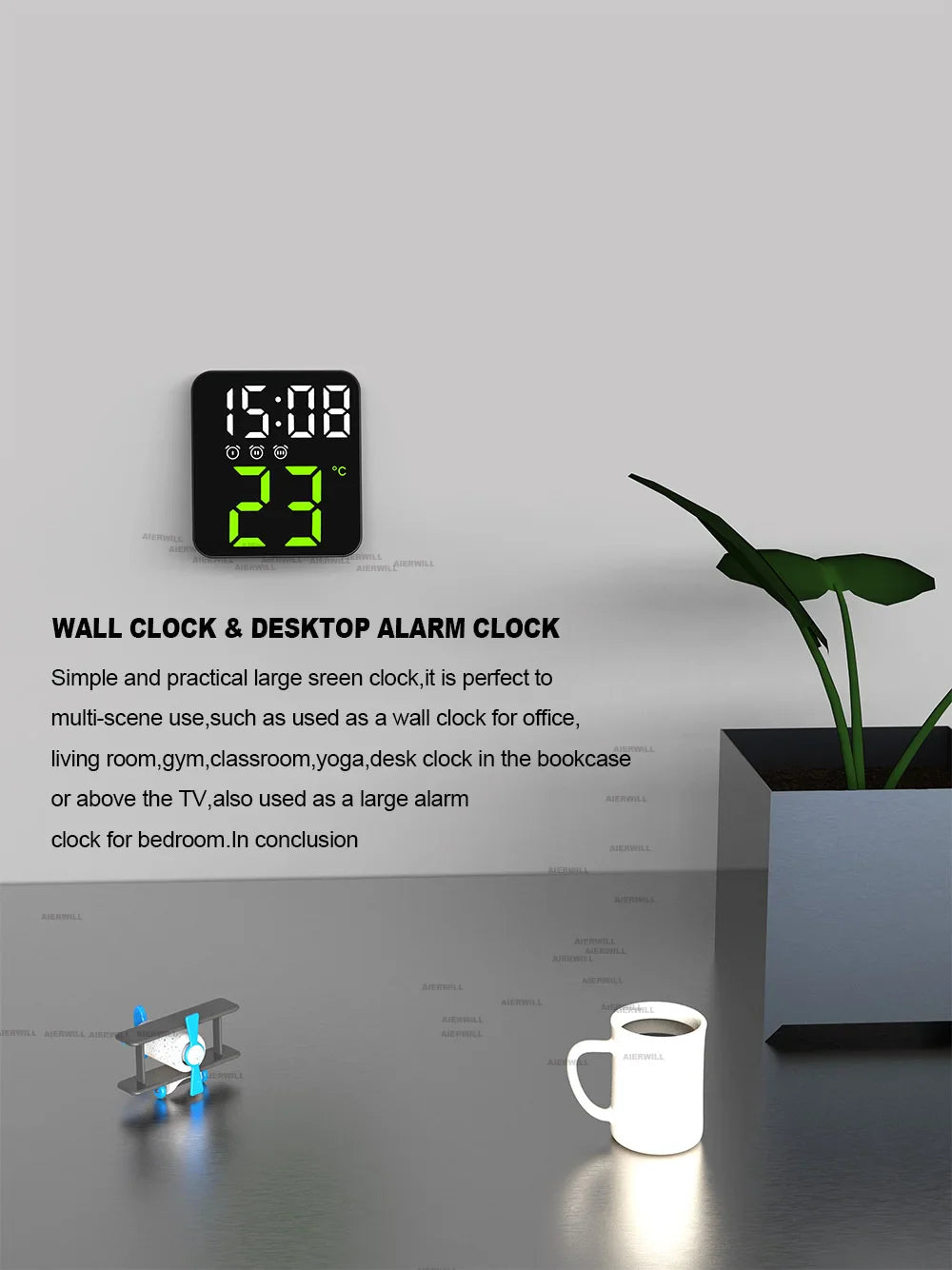 Digital Alarm Clock for Bedrooms with Temperature Adjustable Brightness Voice Control three Alarm Wall Clock 12/24H