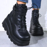 2023 New Spring Autumn Fashion Platform Wedge Boots Ankle Women Punk Style Round Toe Cross Tied Women's Boots Botines De Muj