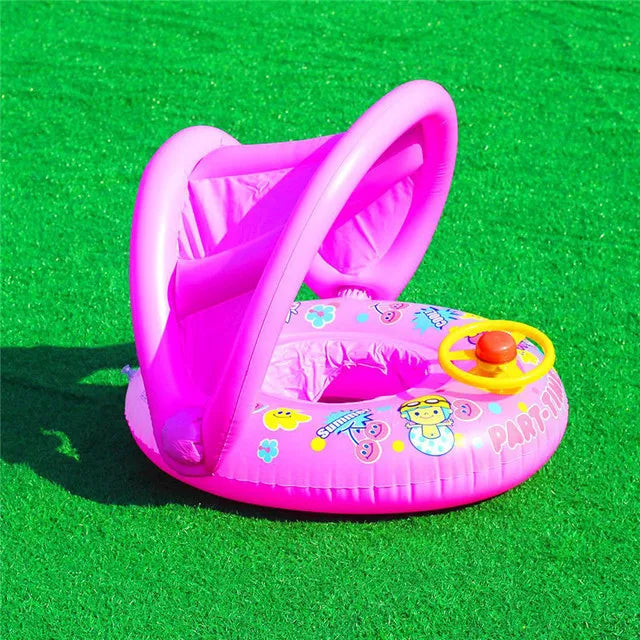 Cartoon Inflatable Baby Swim Ring Seat Floating Sunshade Toddler Swim Circle Bathtub Swimming Pool Beach Party Outdoor Water Toy