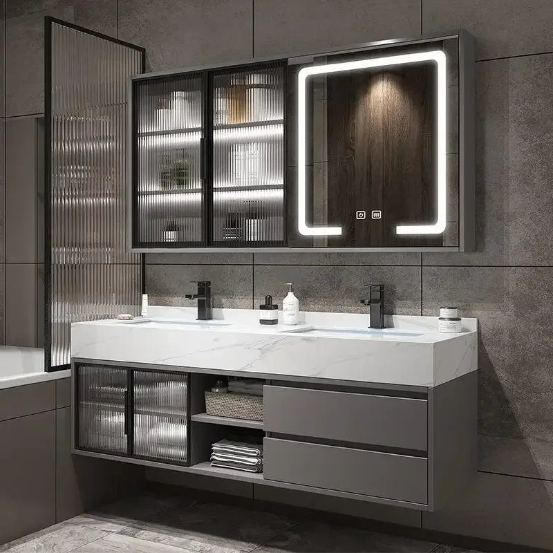 Luxury Bathroom Mirror Cabinet Double Basin Slate Integrated Ceramic Washbasin Bathroom Vanity Sink Cabinet Bathroom Furniture