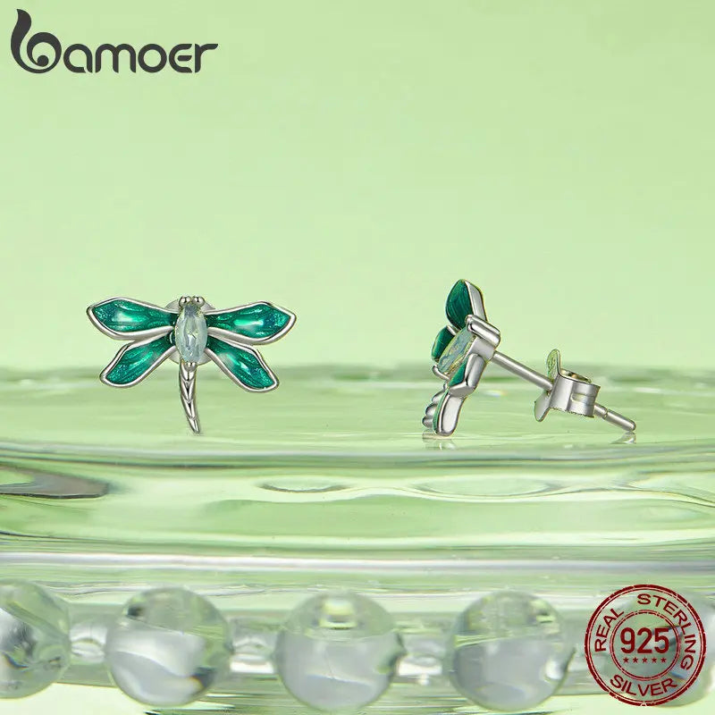 Bamoer 925 Sterling Silver Green Dragonfly Stud Earrings White Gold Plated Insect Earrings for Women Party Fine Jewelry Gift