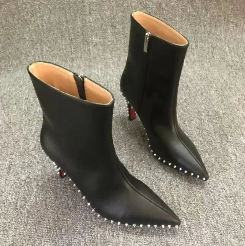 2024 NEW Top Quality Red Bottom Boots for Women Sexy Pointed Toes with Silver Rivets Ladies Ankle Boots Luxury High Heels Shoes