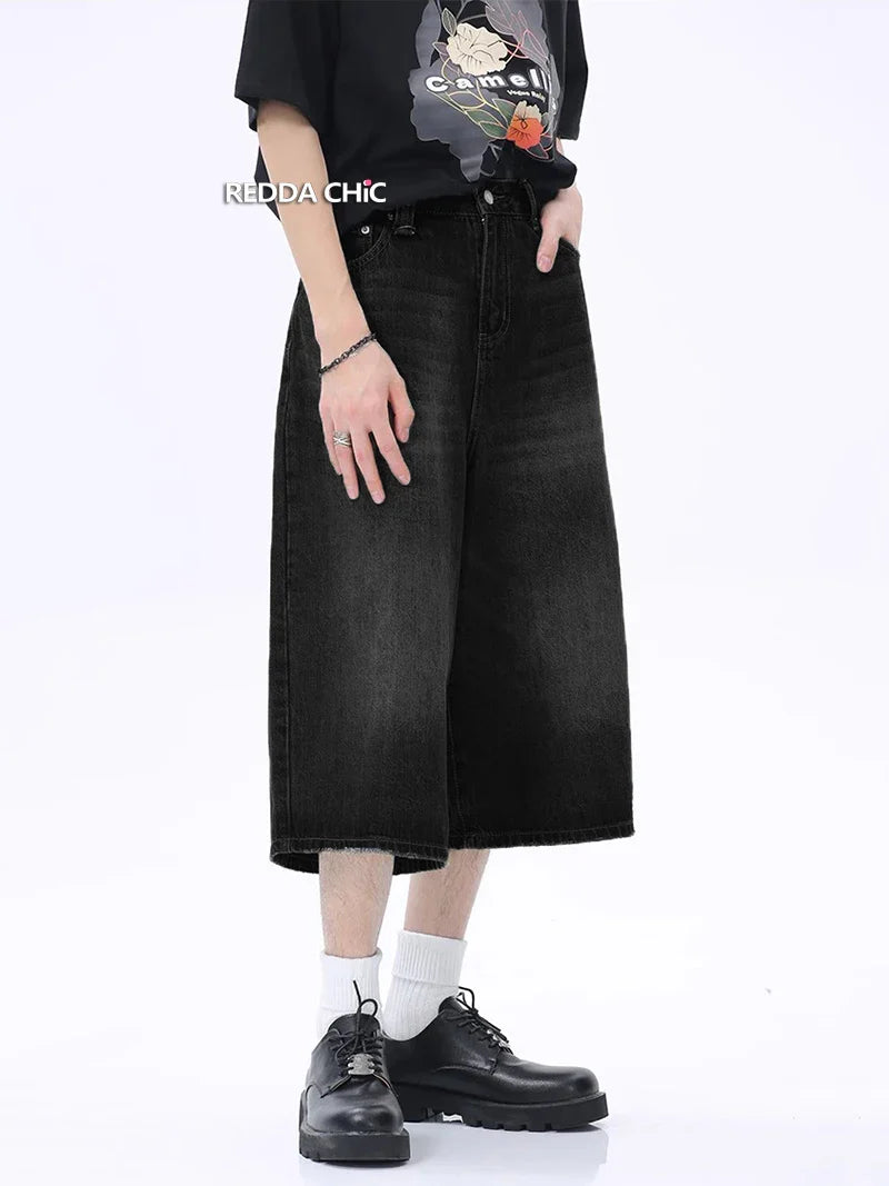 REDDACHIC Hiphop Men Whiskers Denim Shorts Baggy Jorts Retro Black Wash Brushed Loose Casual Wide Leg Short Pants Y2k Streetwear