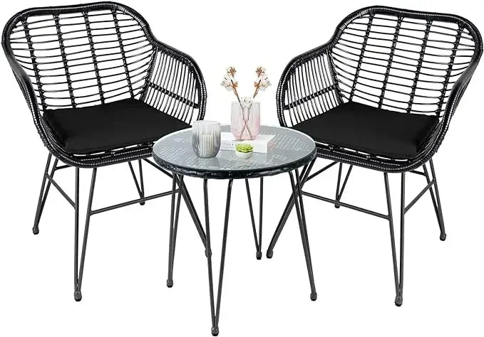 Leasbar 3 Piece Outdoor Wicker Conversation Bistro Set, All-Weather Outdoor Patio Furniture w/Table and Cushions