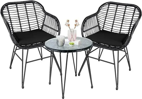 Leasbar 3 Piece Outdoor Wicker Conversation Bistro Set, All-Weather Outdoor Patio Furniture w/Table and Cushions