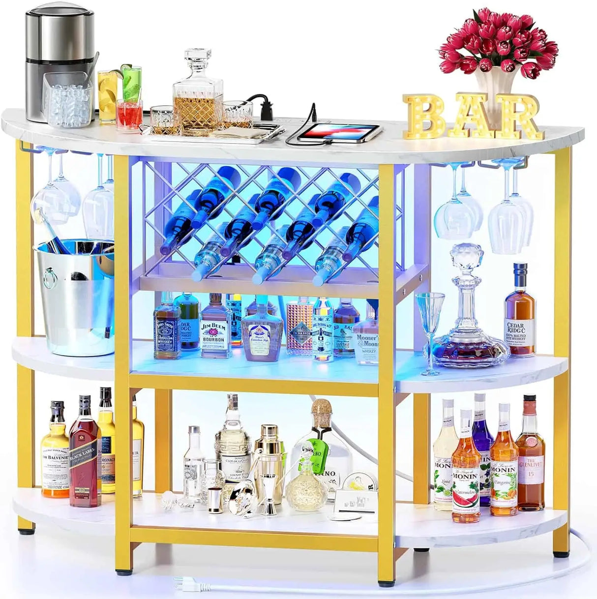 Bar Table Cabinet with Power Outlet, LED Home Mini Bar Cabinet for Liquor, Metal Wine Bar Stand with 4-Tier Storage