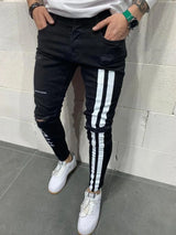 Stripe printing Jeans Men Cotton Stretchy Ripped Skinny Jeans High Quality Hip Hop Black Hole Slim Fit Oversize Denim Pants