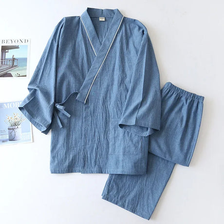 New 2024 Men's Solid Japanese Kimono Pajamas Casual Sleepwear Male Lace-Up Top and Pants Sets Soft Two-piece Homewear Suit Male