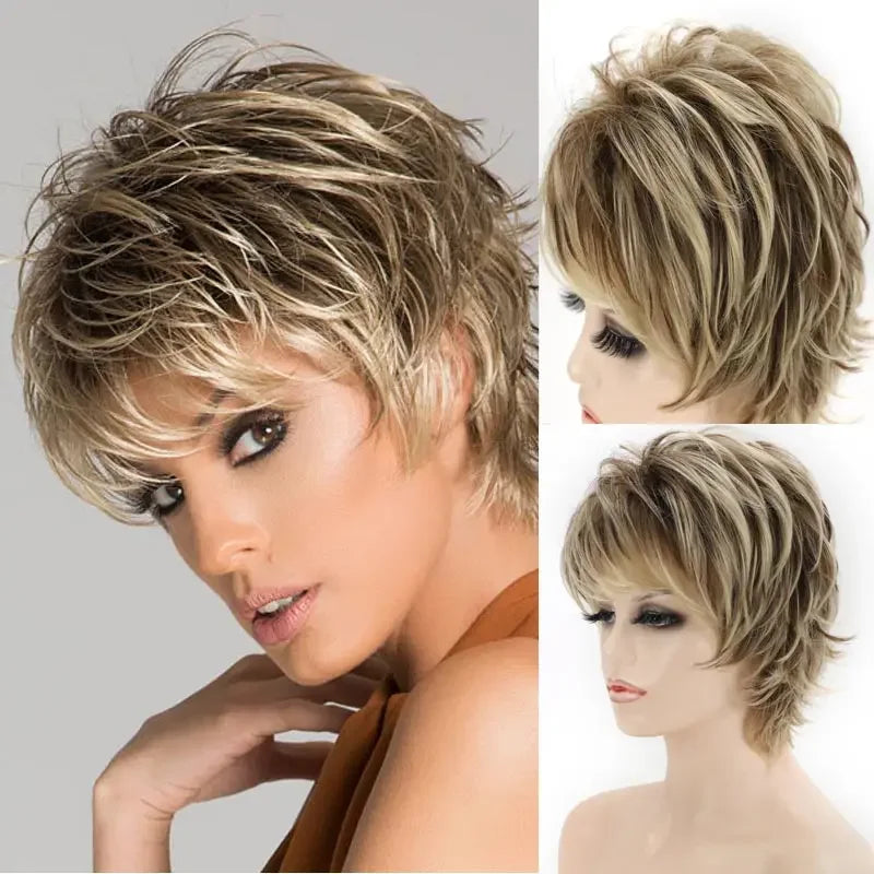 Women's Fashion Short Synthetic Wigs Pixie Cut Blonde Ombre Hair Costume Party Wigs for Woman Fluffy Natural Curly Wavy Wig