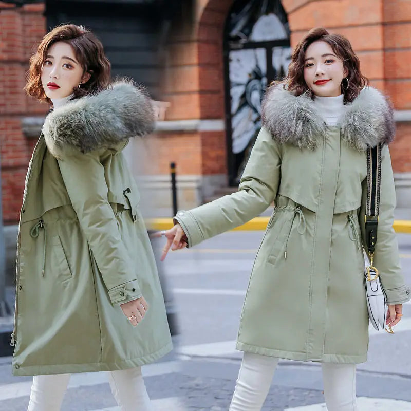 2023 New Winter Jacket Women Parka Fashion Long Coat Wool Liner Hooded Parkas Slim With Fur Collar Warm Snow Wear Padded Clothes