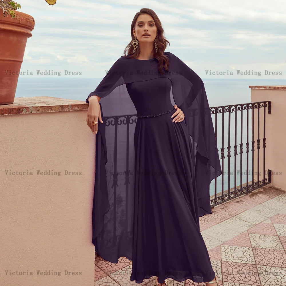 Elegant Chiffon Mother of the Bride Dresses O Neck Long Sleeves Wedding Party Gowns Beadings Ankle-Length A-Line فستان سهرة