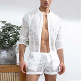 Hollow Out Sexy Lace Suit Fashion Long Sleeve Shirt Casual Shorts Men'S Clothing Suit Solid Color Matching Summer Suit For Male