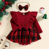 Ma&Baby 0-24M Christmas Girl Red Romper Newborn Infant Baby Knit Ruffle Long Sleeve Bow Jumpsuit Plaid Print Xmas Costumes D01