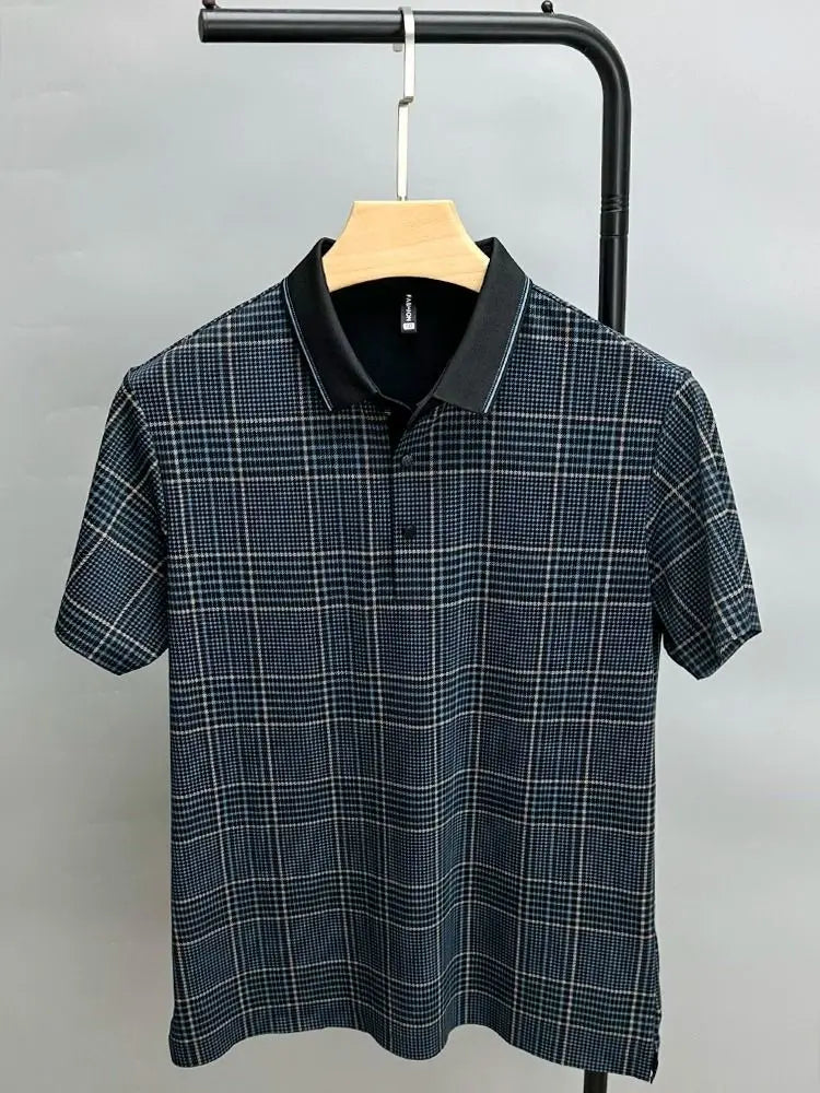 High Quality Luxury Ice Silk Men's Polo Shirt 2024Summer New Lapel Plaid Short Sleeve T-Shirt Britain Street Seamless Men's Wear