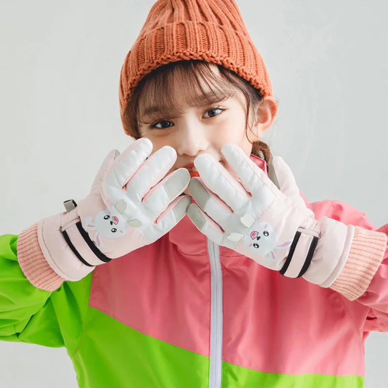 Cute Kids Winter Gloves for Girls Boys Thicken Windproof Children Ski Gloves Snow Sports Child Mittens for Snowboard 4-8Y