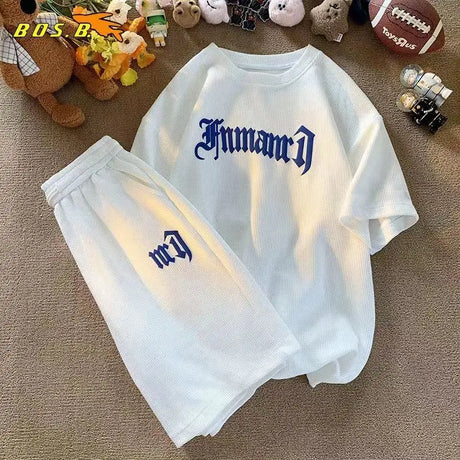 Oversized Loose Jogging Waffle Casual Suit Men Loose Korean Short-sleeve tshirt + Sports Shorts Summer Men Letter Print 2pcs Set