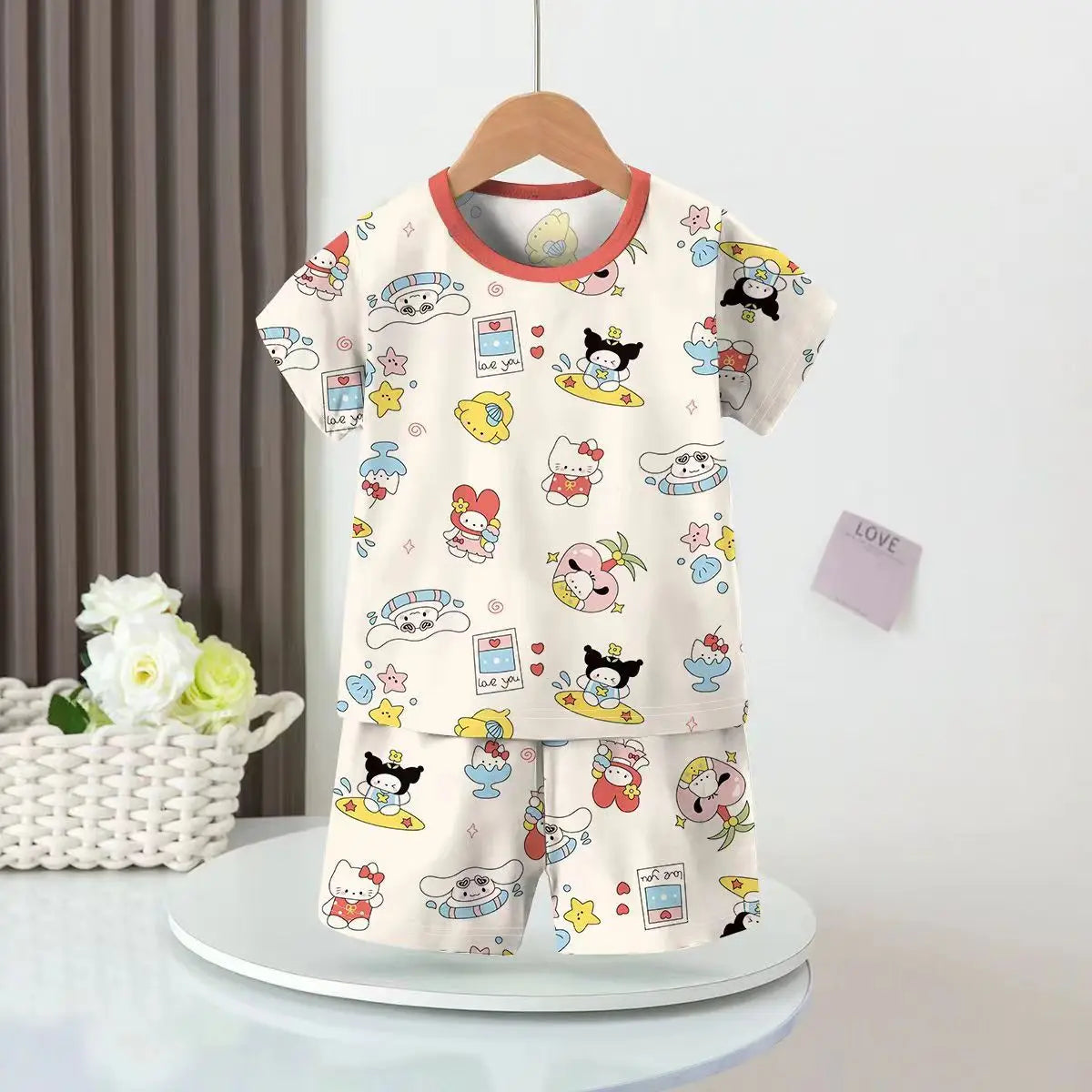 Anime Summer Kids Ice Silk Pajamas Kawaii MyMelodys Kuromis Cinnamorolls Cartoon Short Sleeve Cardigan Loungewear Set