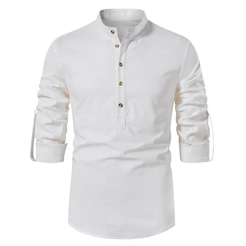 White Roll Up Mandarin Collar Dress Shirt Men 2024 Brand Cotton Linen Henley Shirt Men Business Casual Shirts Male Chemise Homme