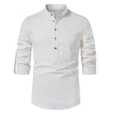 White Roll Up Mandarin Collar Dress Shirt Men 2024 Brand Cotton Linen Henley Shirt Men Business Casual Shirts Male Chemise Homme