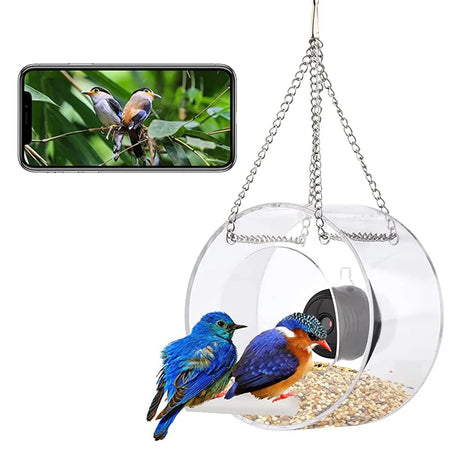 Bird Feeder with Camera, Acrylic Hanging Smart Bird Feeder House with 1080p Night-Version Video Camera WiFi Remote Bird Watching