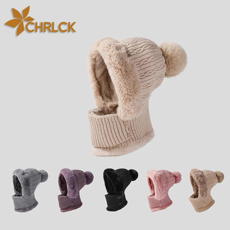 CHRLCK Winter New Twist Striped Knitted Hat Scarf Unisex Velvet One-piece Warm Beanies Women Ear Neck Protection Wool Caps