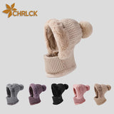 CHRLCK Winter New Twist Striped Knitted Hat Scarf Unisex Velvet One-piece Warm Beanies Women Ear Neck Protection Wool Caps