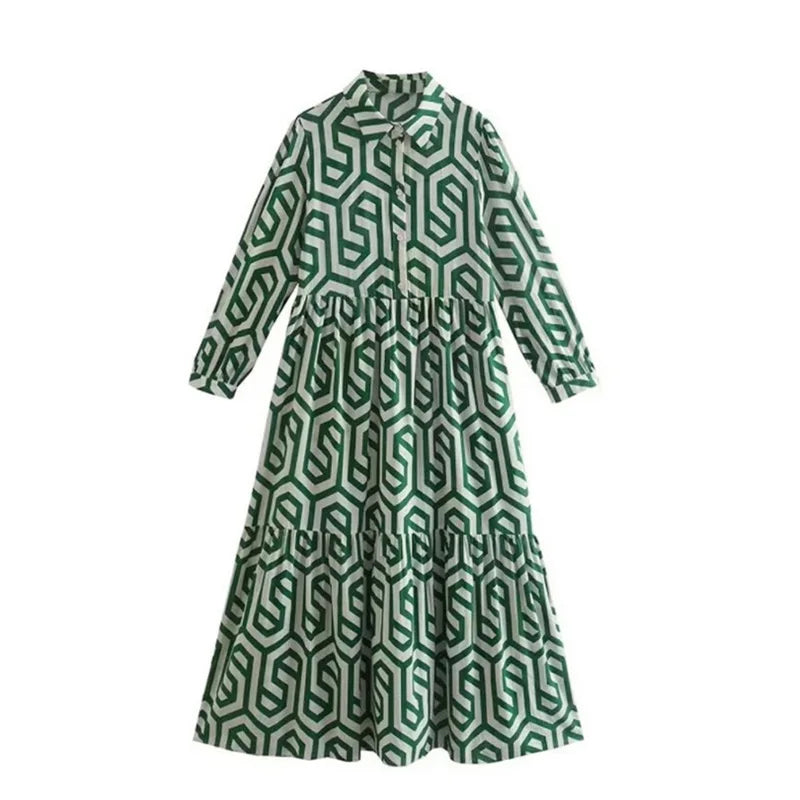 Fashion Geometry Printing Midi Dress For Women Elegant Oversize Loose Shirt Dresses Female Chic Long Sleeve Summer Beach Dresses