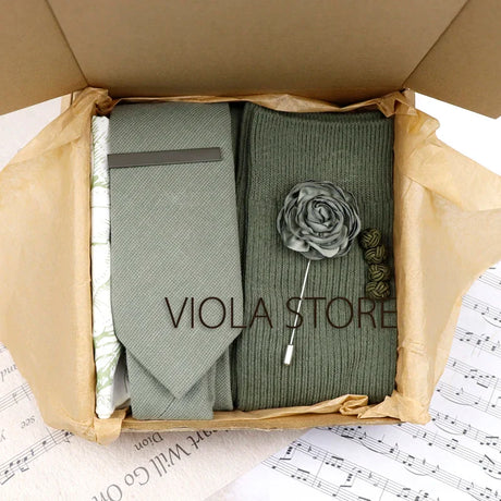 Viola Design 6PCS Gift Box Floral Solid Cotton Sock Tie Sets Clip Pin Cufflinks Hankie Men Wedding Party Daily Cravat Accessory