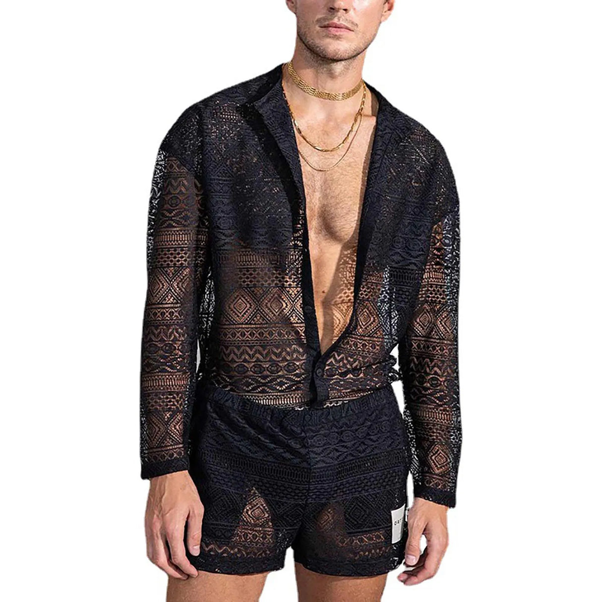 Hollow Out Sexy Lace Suit Fashion Long Sleeve Shirt Casual Shorts Men'S Clothing Suit Solid Color Matching Summer Suit For Male