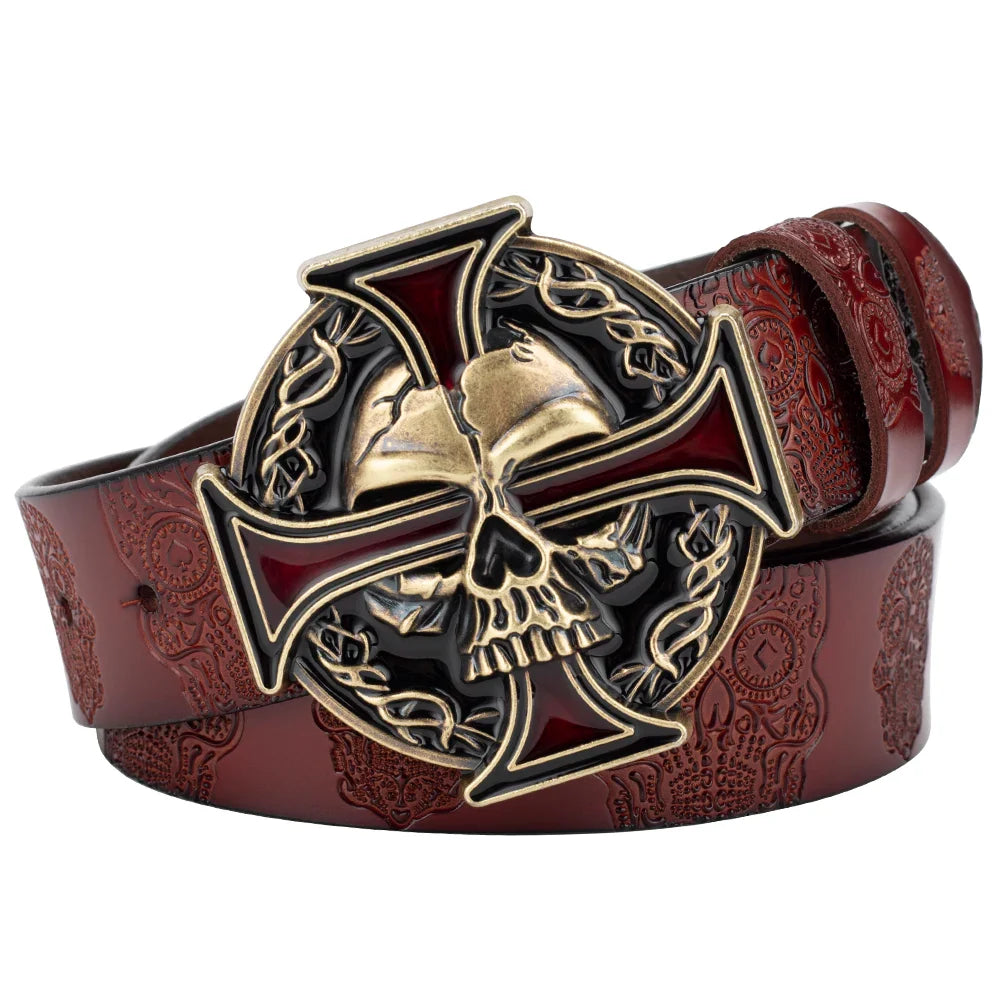 Skull Leather Belt Embossed Pattern Cowskin Fashion Buckle for Men