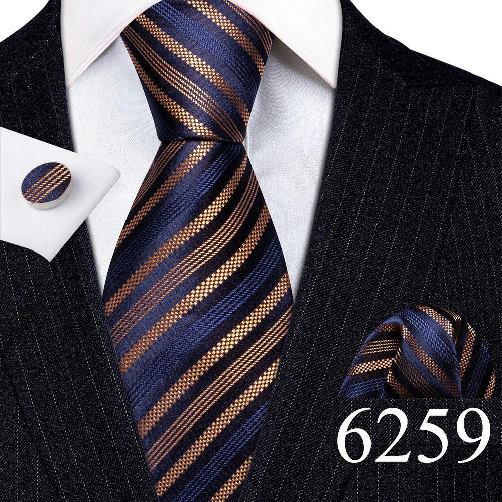 Luxury Mens Ties Set Blue Silver Gray Striped Necktie Pocket Square Cufflinks Set Wedding Gift Corbatas Clip Barry·Wang 6237