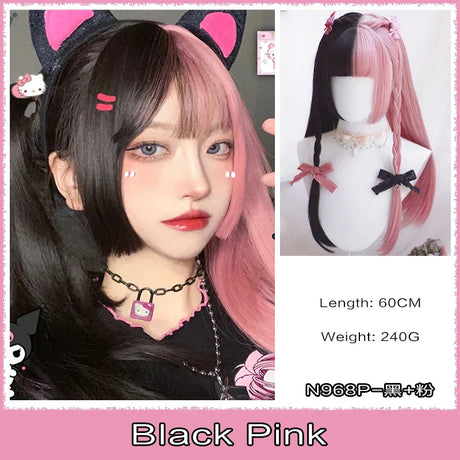 AS  Cosplay Wig With Bangs Synthetic Straight Hair 24 Inch Long Heat-Resistant Pink Wig For Women