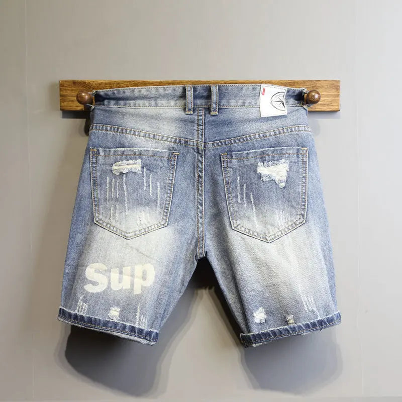 Summer 2022 Light Blue Ripped Cat Whisker Patch Letter Print Slim Denim Shorts Teenagers Jeans Boys and Girls Cowboy Short Pants