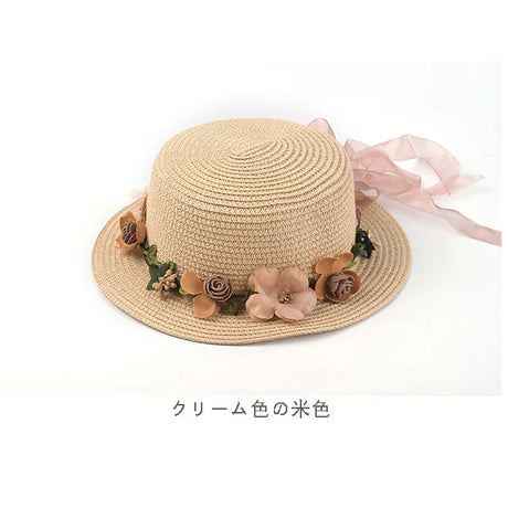 Simple Parent-child Summer New Women's Sun Hat Bucket cap beige lace Bowknot Flowers Ribbon Flat top Straw Hat Beach Caps Panama